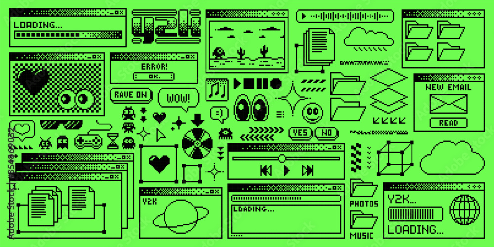 Poster Rave Y2K computer window page with acid green interface screen and pixel buttons, vector background. Acid rave Y2K computer windows with 8 bit loading bars, file folders, music player and message box