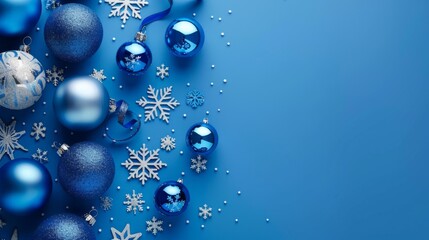 Blue Christmas Ornaments and Snowflakes on Blue Background, Generative AI