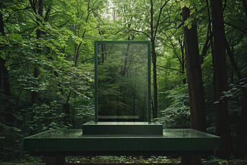 Reflective Portal in the Forest, Art Installation Blending with Verdant Wilderness