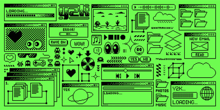 Rave Y2K computer window page with acid green interface screen and pixel buttons, vector background. Acid rave Y2K computer windows with 8 bit loading bars, file folders, music player and message box