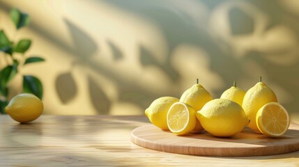 A table with a wooden board and a bunch of lemons on it