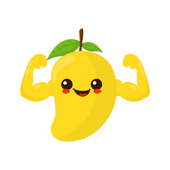 Cute happy smiling mango fruit show muscle character. Vector hand drawn cartoon kawaii character