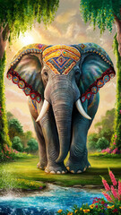 elephant in the zoo in traditional dress - Generative AI