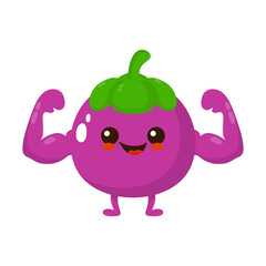 Cute happy smiling mangosteen fruit show muscle character. Vector hand drawn cartoon kawaii character