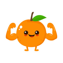 Cute happy smiling orange fruit show muscle character. Vector hand drawn cartoon kawaii character