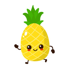 Cute funny running pineapple fruit. Vector hand drawn cartoon kawaii character