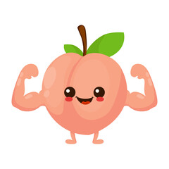 Cute happy smiling peach fruit show muscle character. Vector hand drawn cartoon kawaii character