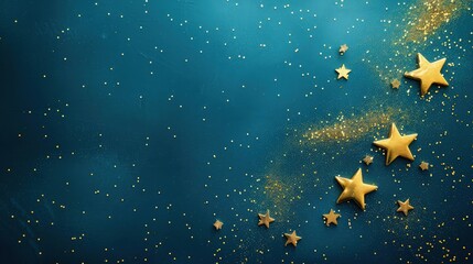 Naklejka premium Elegant holiday background featuring tiny golden stars isolated on a midnight blue backdrop, simulating a clear night sky. Ideal for a sophisticated holiday theme.