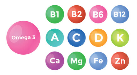 Set of multi vitamin complex isolated on white background. Multivitamin supplement icon. Essential vitamin and mineral complex. Vectot stock
