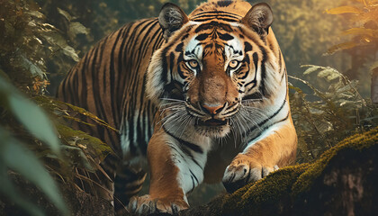 Ferocious tiger head portrait. Close up big wild cat in the nature habitat, savannah, Wildlife safari