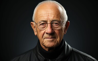 Obraz premium A man with glasses is looking at the camera. He is wearing a black jacket and a black sweater