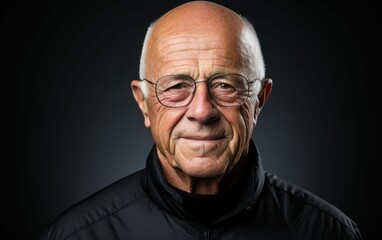 A man with glasses and a black jacket is smiling. He looks happy and content. Concept of warmth and friendliness