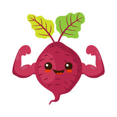 Cute happy smiling beet show muscle character. Vector hand drawn cartoon kawaii character