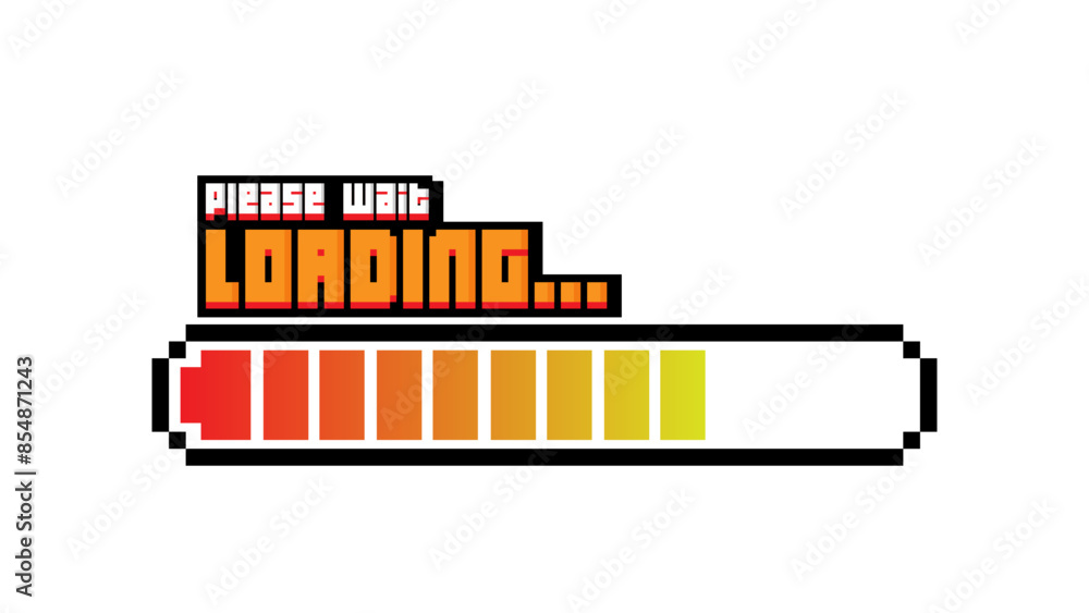 Poster pixel art 8-bit please wait loading bar concept on white background