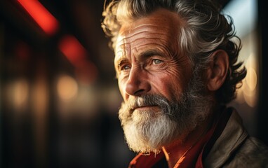 A man with a beard and gray hair is looking at the camera. He is wearing a red shirt and a brown jacket