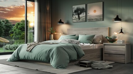 Family hotel room styled with grey oak wood furniture and a double king-size bed, the bedding a calming seafoam green. 