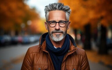 Fototapeta premium A man with a beard and glasses is wearing a brown jacket and scarf. He is smiling and looking at the camera