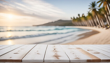 Sective focus.White rustic wood table top with blur sea or beach and.For design product commercial,advertisement or material for packshot key visual layout