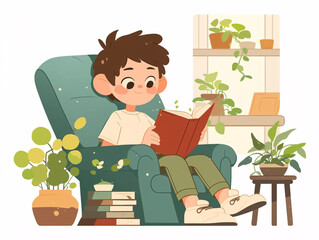 World Book Day, boy reading book scene illustration, education learning concept illustration