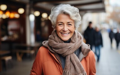 A woman wearing a brown scarf and orange jacket is smiling. She is standing on a sidewalk in front of a building