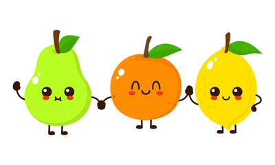 Cute happy smiling lemon, orange, pear fruit. Vector hand drawn doodle kawaii style cartoon character illustration