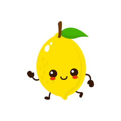 Cute funny running lemon fruit. Vector hand drawn cartoon kawaii character