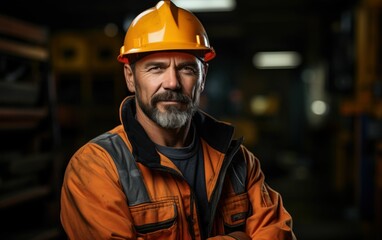 Fototapeta premium A man in a yellow hard hat and orange jacket is posing for a picture. He looks serious and focused