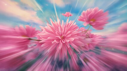 Obraz premium Close up abstract surrealism pink flowers on blue sky pastel color with motion blur effect