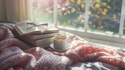 A cozy reading nook with a stack of novels, a pair of reading glasses, and a cup of tea, set on a soft blanket by a sunny window