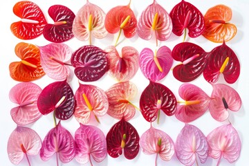 A stunning collage of anthurium flowers in various shades of red and pink, arranged in a beautiful artistic pattern. Perfect for adding a pop of color to any design.