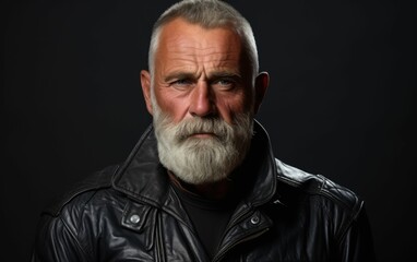 Obraz premium A man with a beard and a leather jacket is looking at the camera. He has a serious expression on his face