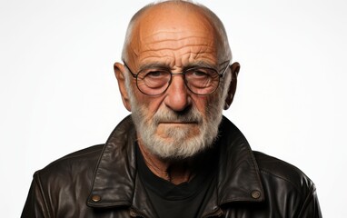 Obraz premium A man with glasses and a leather jacket is looking at the camera. He has a serious expression on his face