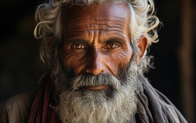 A man with a beard and white hair is smiling. He has a beard that is very long and is wearing a scarf
