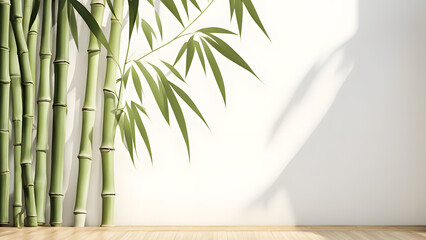 there is a bamboo plant in a vase on a wooden floor