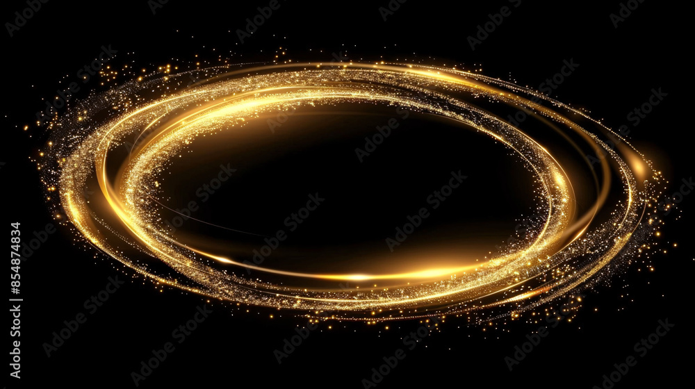 Poster golden circle frame with glitter effect, abstract magic light effect design element