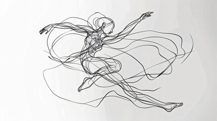 A minimalist black and white line drawing of a dancer in motion, with fluid lines capturing the grace and dynamism of the movement