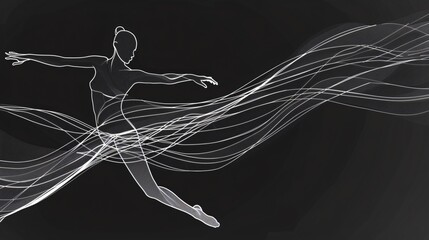 A minimalist black and white line drawing of a dancer in motion, with fluid lines capturing the grace and dynamism of the movement