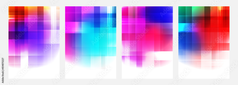 Poster Blurred bright colored abstract backgrounds with vertical and horizontal dynamic lines. Glitch stains. Futuristic defocused vibrant color gradients for creative graphic design. Vector illustration.