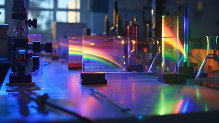 Close up shot of a physics experiment demonstrating the principle of light refraction, using prisms and lasers to show how light bends
