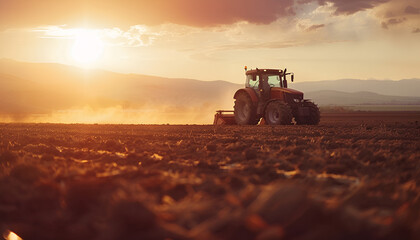 Fototapeta premium Agricultural workers with tractors. Ploughing a field with tractor at sunset