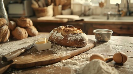 Fototapeta premium A rustic kitchen scene with a wooden cutting board, freshly baked bread, a knife, and a small bowl of butter, surrounded by scattered flour