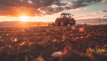 Fototapeta premium Agricultural workers with tractors. Ploughing a field with tractor at sunset
