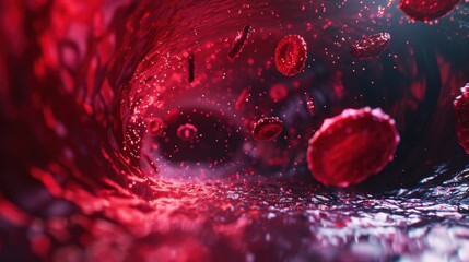 High resolution microscopic view of red blood cells flowing through a vein