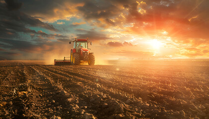 Fototapeta premium Agricultural workers with tractors. Ploughing a field with tractor at sunset