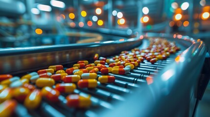 Fototapeta premium High-definition close-up of capsules on a bustling pharmaceutical production line, moving efficiently along a conveyor belt in a well-lit professional factory.