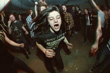 Obraz premium Young woman with long black hair singing and headbanging at a concert in a crowded venue