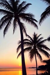 Fototapeta premium A stunning tropical sunset with silhouetted palm trees against a vibrant sky, in the style of a photographic image.