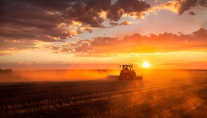 Agricultural workers with tractors. Ploughing a field with tractor at sunset