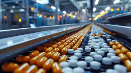 High-definition close-up of capsules on a bustling pharmaceutical production line, moving efficiently along a conveyor belt in a well-lit professional factory.