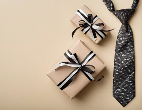Modern creative Father's Day design. Flat lay of gift box with ribbon, tie, on beige background with space for text or promotion